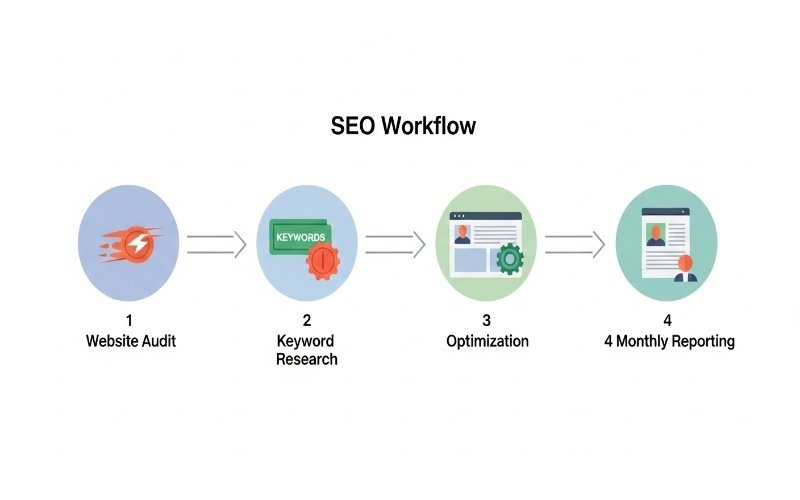 SEO workflow diagram showing website audit, keyword research, optimization, and reporting for Affordable SEO Services in Ras Al Khaimah