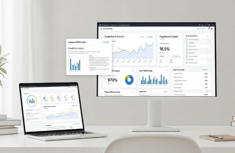 Modern digital workspace with laptop and desktop displaying SEO dashboards and analytics, showcasing Professional Technical SEO Services in Ajman.