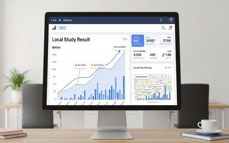 Laptop displaying SEO analytics dashboard with traffic growth charts and performance metrics, showcasing the results delivered by the Best SEO Company in Ras Al Khaimah.