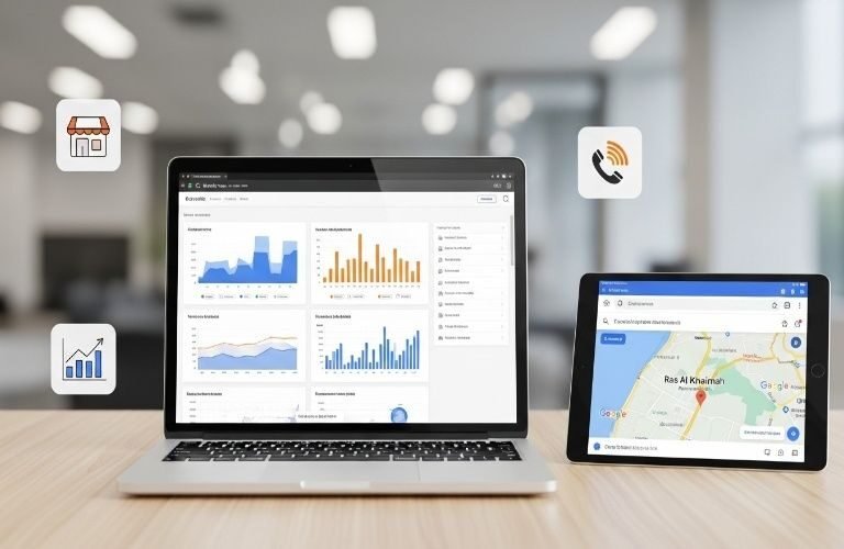 Laptop showing website analytics and tablet displaying Google Maps for Ras Al Khaimah, representing SEO Services in Ras Al Khaimah.