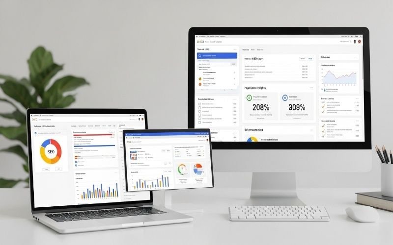 Professional Technical SEO Services in Ajman dashboard displayed on desktop, laptop, and tablet screens showing SEO audit, PageSpeed insights, and schema setup.