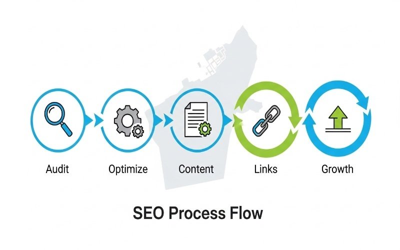 SEO Services in Ras Al Khaimah process flow showing audit, optimization, content creation, link building, and growth strategy steps.