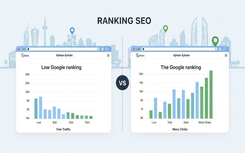 Comparison chart showing low vs high Google rankings with traffic growth, highlighting services by an Expert SEO Consultant in Ajman improving website performance and clicks.
