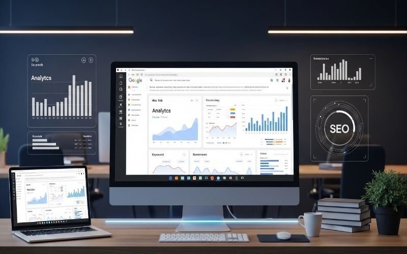 Modern office setup with desktop analytics dashboard showcasing Affordable SEO Services in Ras Al Khaimah