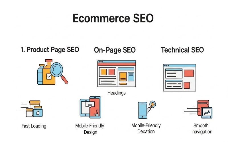 Infographic showing product page SEO, on page SEO, and technical SEO strategies representing Top Ecommerce SEO Services in Ras Al Khaimah.