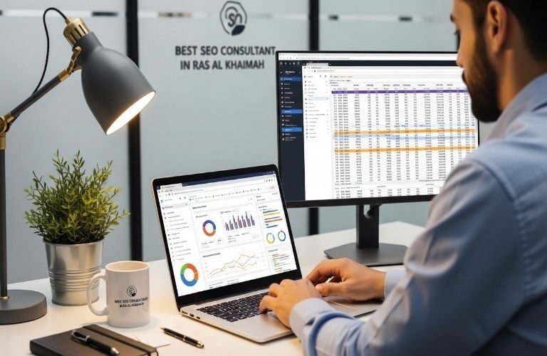 Best SEO Consultant in Ras Al Khaimah analyzing website data and SEO performance on laptop and desktop screens in a modern office workspace.