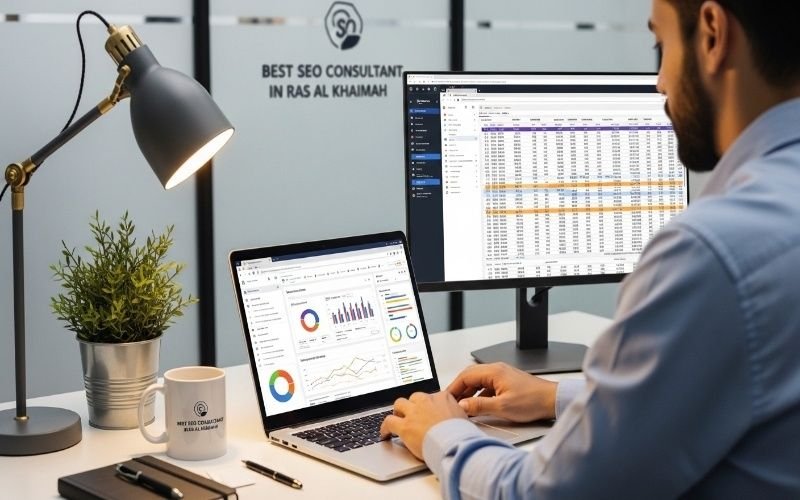 Best SEO Consultant in Ras Al Khaimah analyzing website data and SEO performance on laptop and desktop screens in a modern office workspace.
