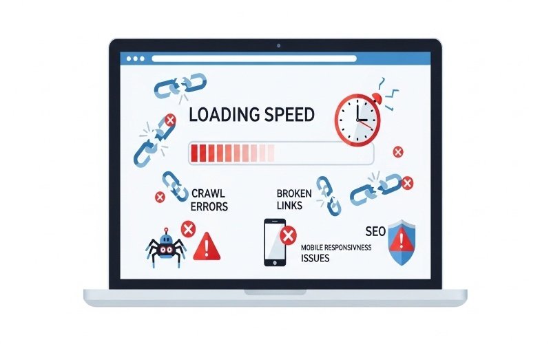 Illustration of website loading speed issues, crawl errors, and broken links representing Best Technical SEO Services in Ras Al Khaimah
