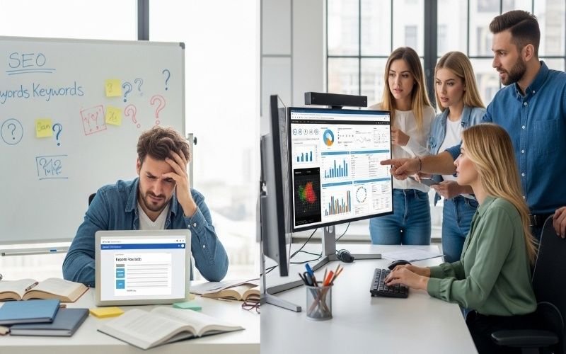 Trusted On-Page SEO Services in Ras Al Khaimah showing a digital marketing team analyzing SEO data, keyword research, and website performance on computer dashboards.