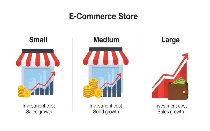 Illustration showing small, medium, and large online stores with growth charts representing Top Ecommerce SEO Services in Ras Al Khaimah.