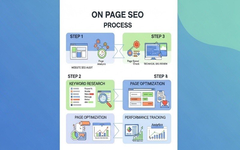Infographic detailing the 4-step process for Trusted On-Page SEO Services in Ras Al Khaimah, from audit to performance tracking.