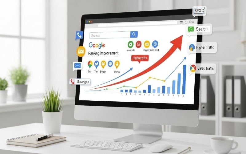Computer screen showing Google ranking improvement, rising traffic charts, and search icons representing SEO Packages in Ras Al Khaimah for Real Growth
