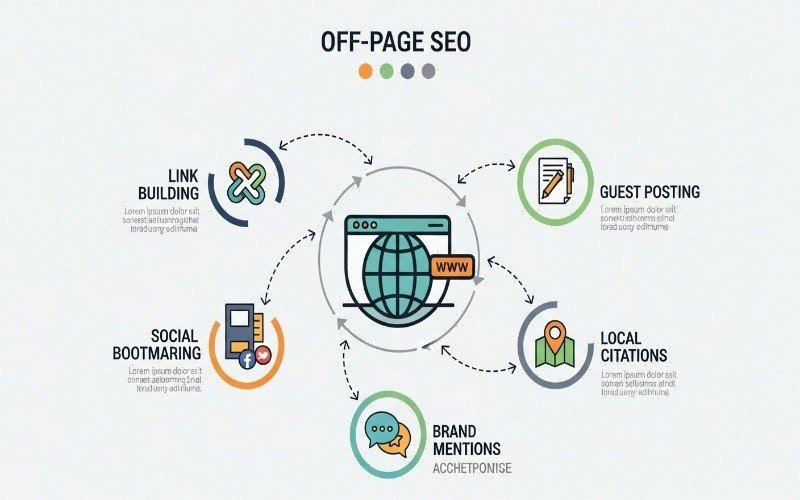 Infographic explaining link building, guest posting, social bookmarking, and citations for Professional Off-Page SEO Services in Ras Al Khaimah.