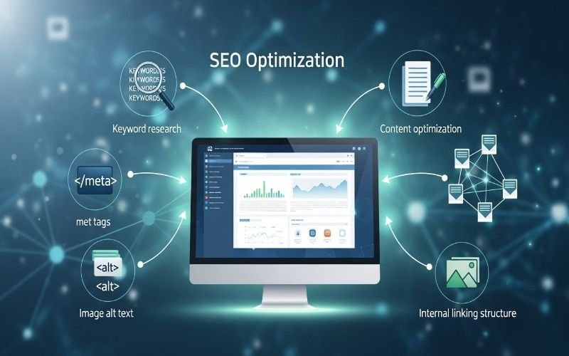 Trusted On-Page SEO Services in Ras Al Khaimah illustrated with SEO optimization elements including keyword research, meta tags, image alt text, content optimization, and internal linking around a computer dashboard.