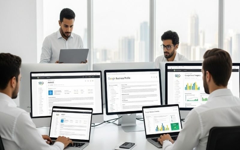 SEO team working on Google Business Profile and analytics dashboards in a modern office, representing a Top SEO Agency in Ras Al Khaimah.