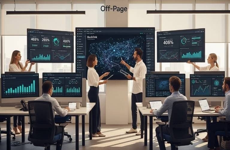 Digital marketing team analyzing backlinks and SEO data dashboards while working on Professional Off-Page SEO Services in Ras Al Khaimah.