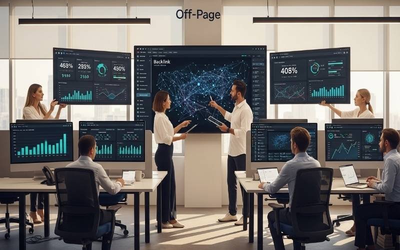 Digital marketing team analyzing backlinks and SEO data dashboards while working on Professional Off-Page SEO Services in Ras Al Khaimah.