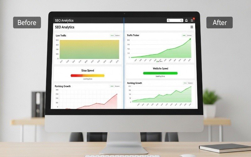 Before and after SEO analytics dashboard showing traffic growth and speed improvement representing Best Technical SEO Services in Ras Al Khaimah