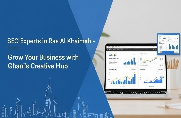 Professional workspace showing laptop with Google ranking charts and analytics dashboard, representing SEO Experts in Ras Al Khaimah helping businesses grow online.