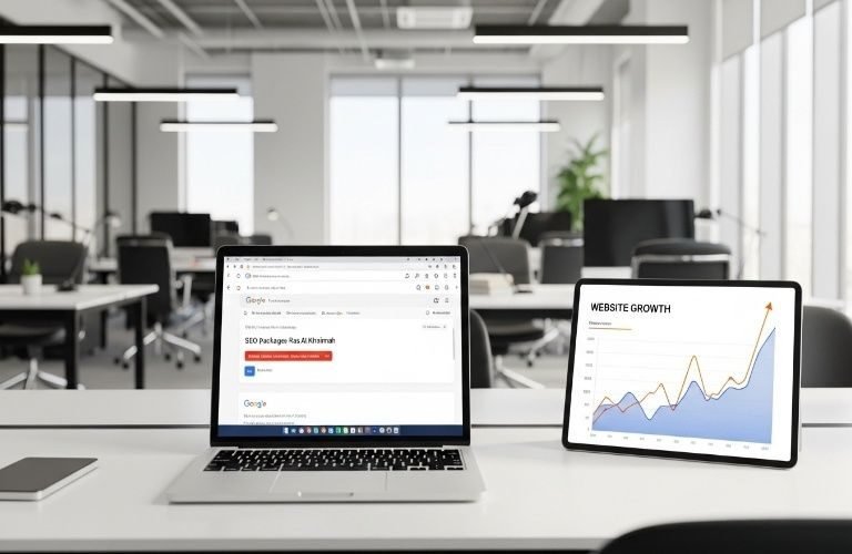 "Laptop and tablet showing SEO Packages in Ras Al Khaimah for real growth with website traffic charts in a modern office setting"