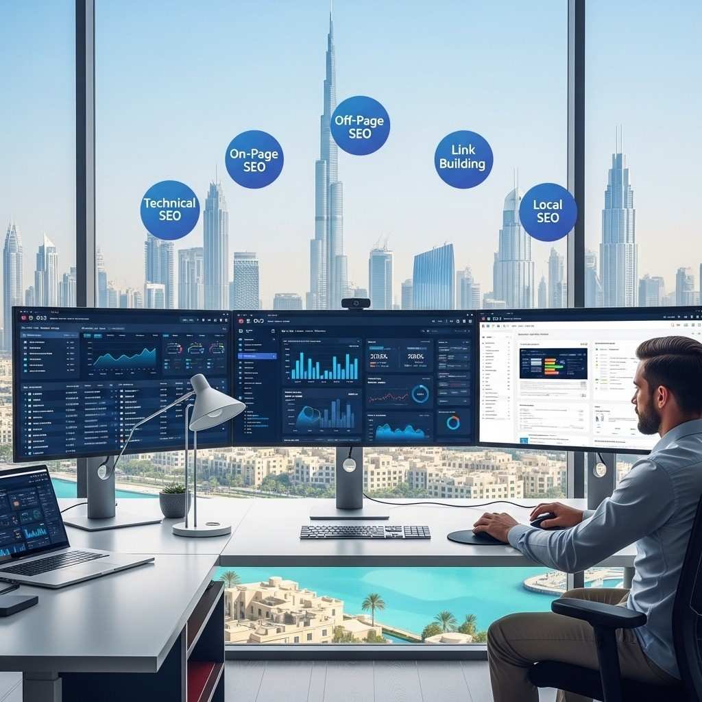 SEO-expert-analyzing-data-with-Dubai-skyline-in-background,-showcasing-digital-marketing-services.
