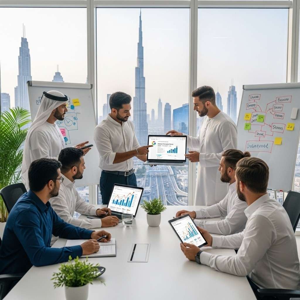 SEO-experts-analyzing-Google-rankings-with-Dubai-skyline-view.