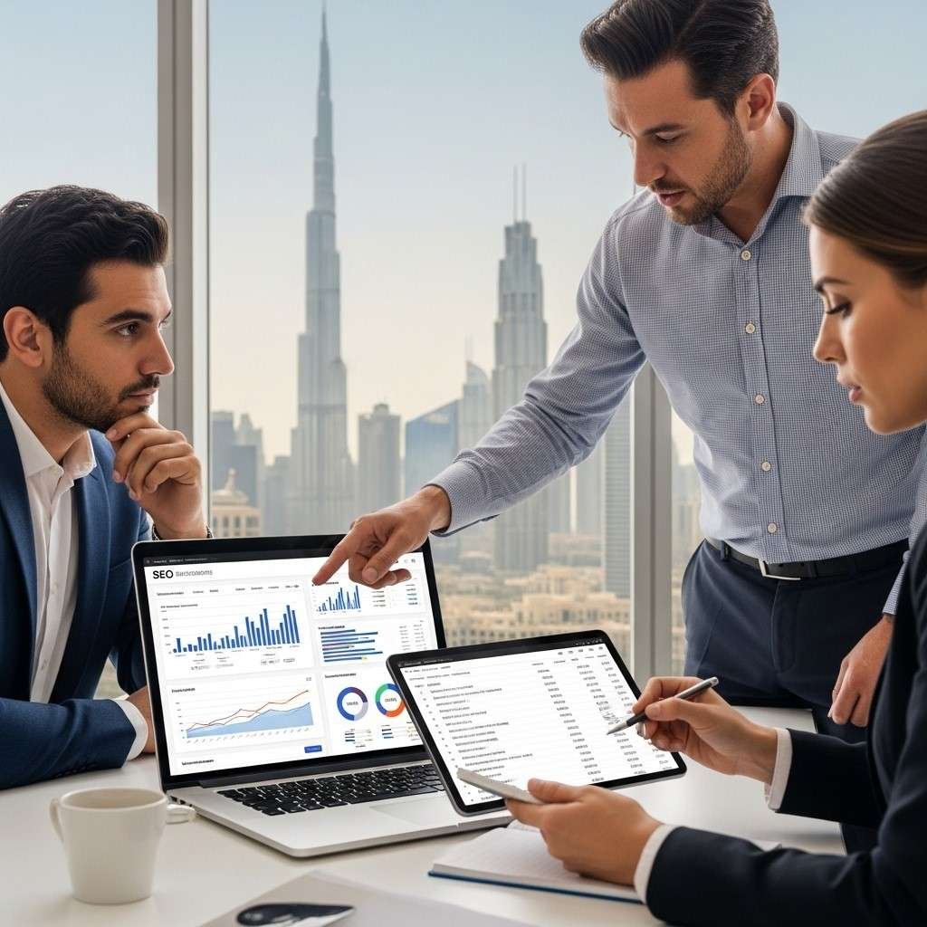 SEO-experts-reviewing-analytics-and-strategy-for-top-SEO-packages-in-UAE