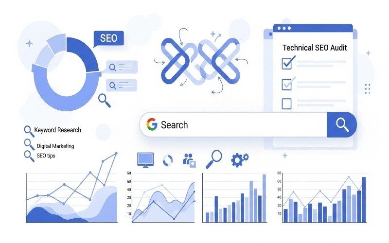 SEO dashboard with keyword research, analytics graphs, and technical audit checklist representing the Best SEO Agency in Fujairah