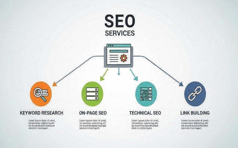 Trusted SEO Services in Fujairah infographic showing keyword research, on-page SEO, technical SEO, and link building