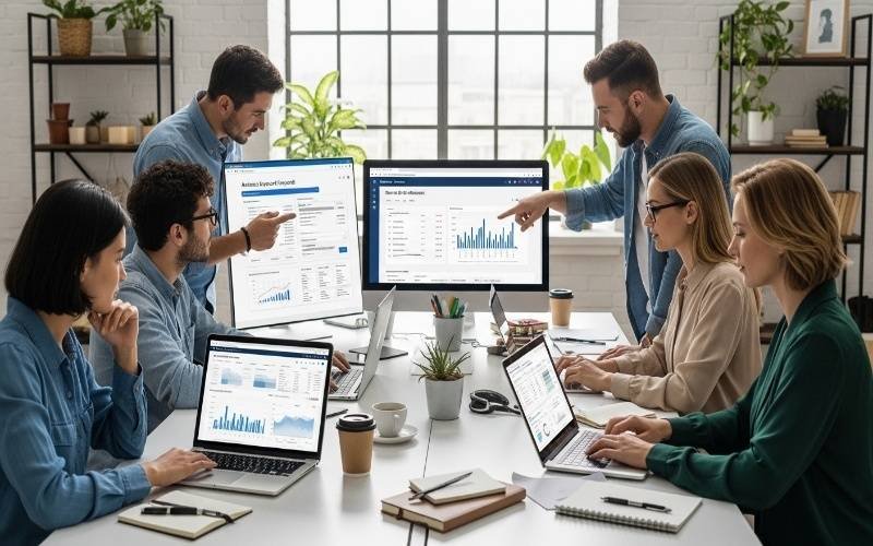 Best SEO Consultant in Ras Al Khaimah leading a team meeting while reviewing SEO analytics and performance reports on multiple screens.