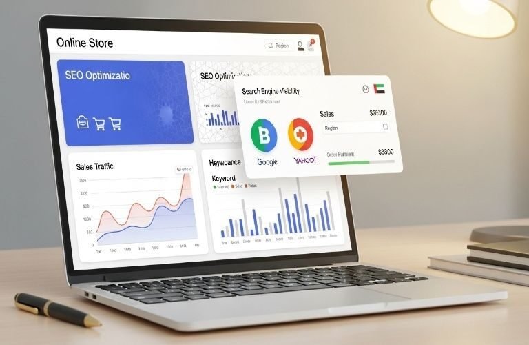 Laptop screen showing SEO analytics dashboard representing Top Ecommerce SEO Services in Ras Al Khaimah with sales traffic charts and search engine visibility data.