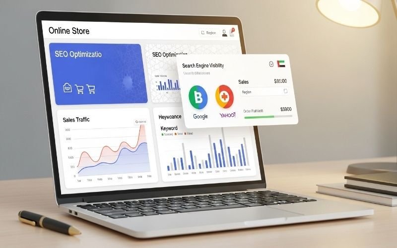 Laptop screen showing SEO analytics dashboard representing Top Ecommerce SEO Services in Ras Al Khaimah with sales traffic charts and search engine visibility data.