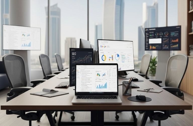 Modern office workspace with computers displaying analytics dashboards and search performance data, representing a Top SEO Agency in Ras Al Khaimah.