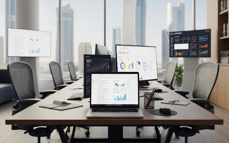 Modern office workspace with computers displaying analytics dashboards and search performance data, representing a Top SEO Agency in Ras Al Khaimah.