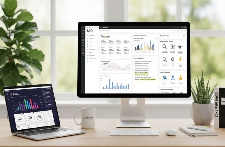 Trusted On-Page SEO Services in Ras Al Khaimah displayed on a computer screen showing SEO analytics dashboard, keyword reports, and performance charts on a modern workspace desk.