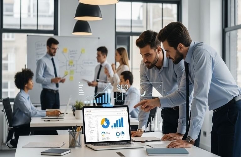 Trusted SEO Services in Fujairah team analyzing website data and growth strategy in a modern office