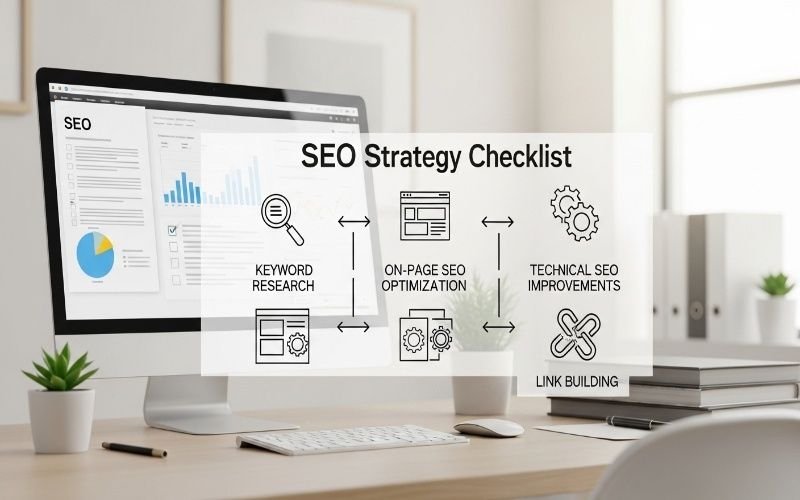SEO strategy checklist on a computer screen showing keyword research, on-page optimization, technical SEO, and link building for SEO Packages in Ras Al Khaimah for Real Growth