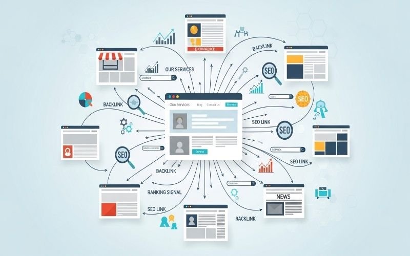 Diagram showing backlink networks, SEO signals, and website connections representing Professional Off-Page SEO Services in Ras Al Khaimah.