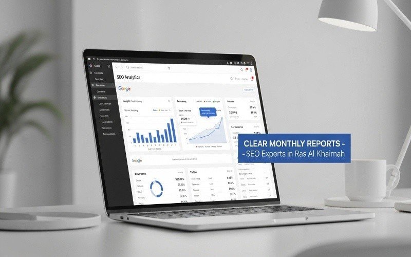 Laptop displaying SEO analytics dashboard with keyword rankings and traffic reports, representing SEO Experts in Ras Al Khaimah providing clear monthly performance reports.