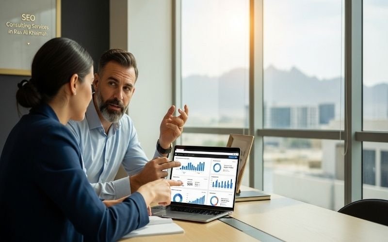 Best SEO Consultant in Ras Al Khaimah discussing SEO strategy and website analytics with a client using a laptop in a modern office.