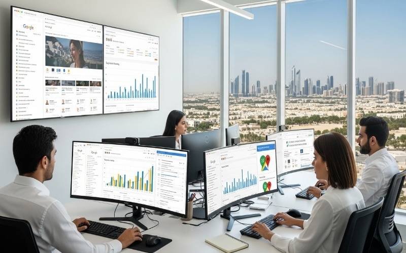 SEO professionals analyzing Google Analytics and search ranking data in a modern office, representing a Top SEO Agency in Ras Al Khaimah.