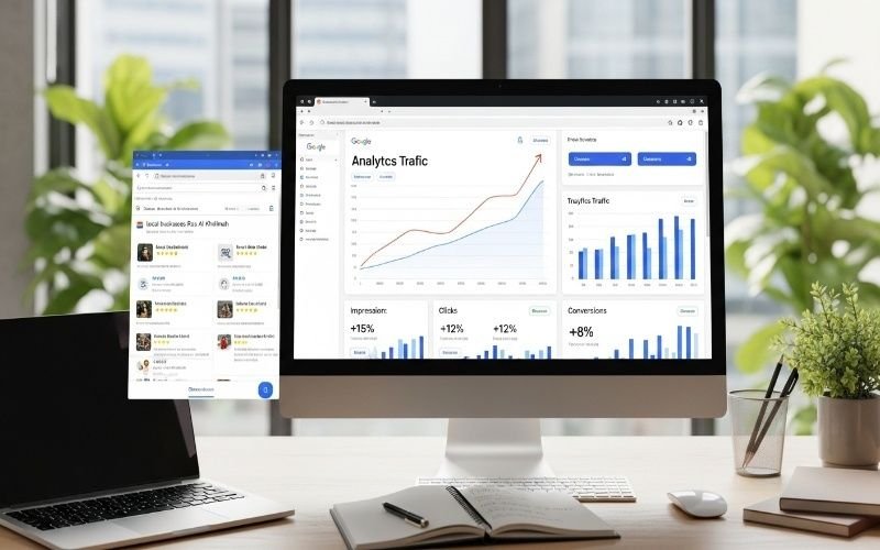 Digital marketing workspace showing analytics dashboard and business listings, representing SEO Packages in Ras Al Khaimah for Real Growth