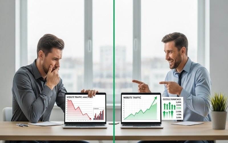 Comparison showing website traffic decline vs growth, highlighting the results of hiring the Best SEO Agency in Fujairah