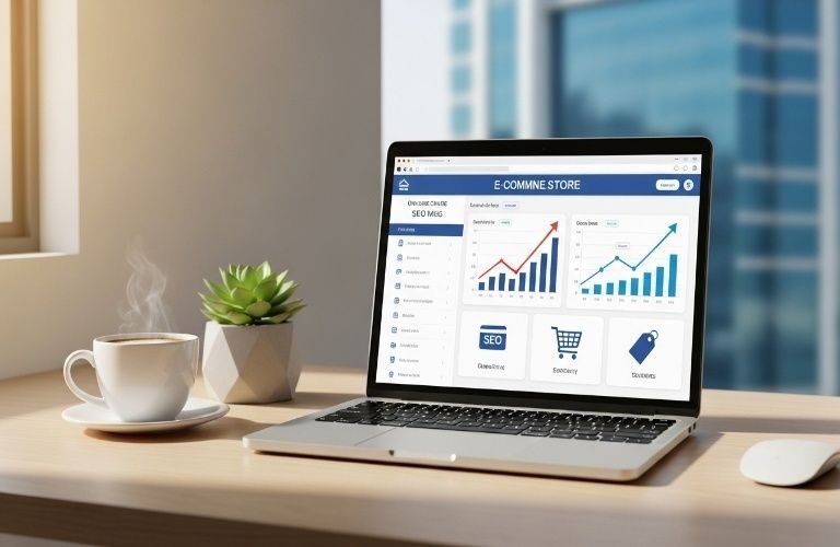 Laptop displaying ecommerce analytics dashboard with growth charts, representing Affordable Ecommerce SEO in Fujairah for online store success.