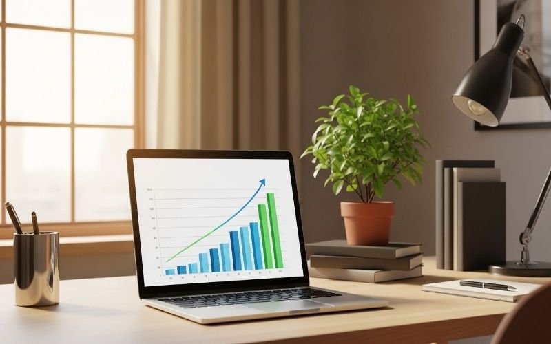 Laptop on a modern office desk displaying a growth chart, representing digital marketing success by a Top SEO Company in Fujairah.