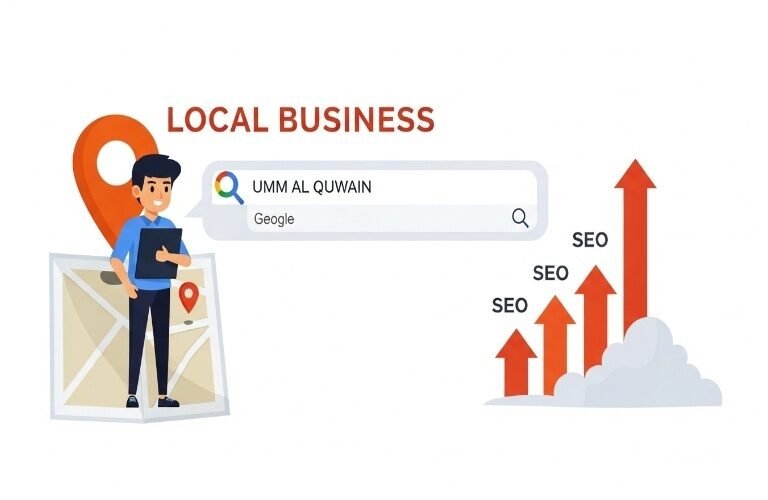 Illustration of a local business appearing in Google search for Affordable SEO Services in Umm Al Quwain with rising SEO growth arrows