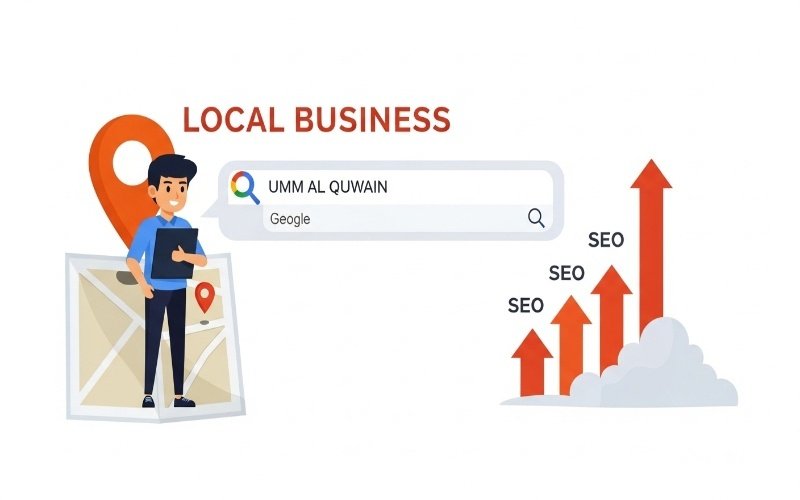 Illustration of a local business appearing in Google search for Affordable SEO Services in Umm Al Quwain with rising SEO growth arrows