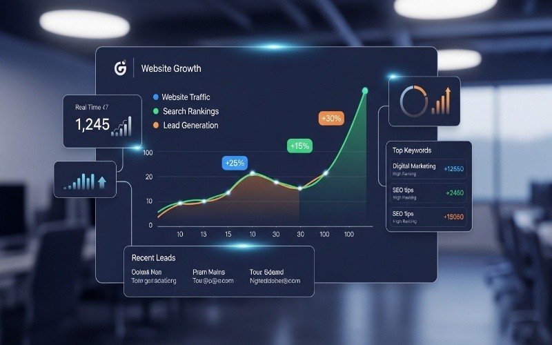 Website growth dashboard showing traffic and ranking increase, representing Off-Page SEO Services in Fujairah