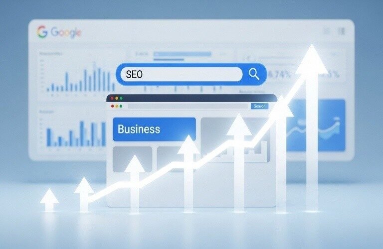 Best SEO Company in Umm Al Quwain showing Google search with SEO keyword, analytics dashboard, and upward growth arrows