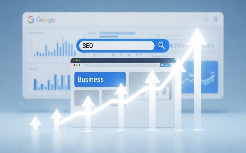 Best SEO Company in Umm Al Quwain showing Google search with SEO keyword, analytics dashboard, and upward growth arrows